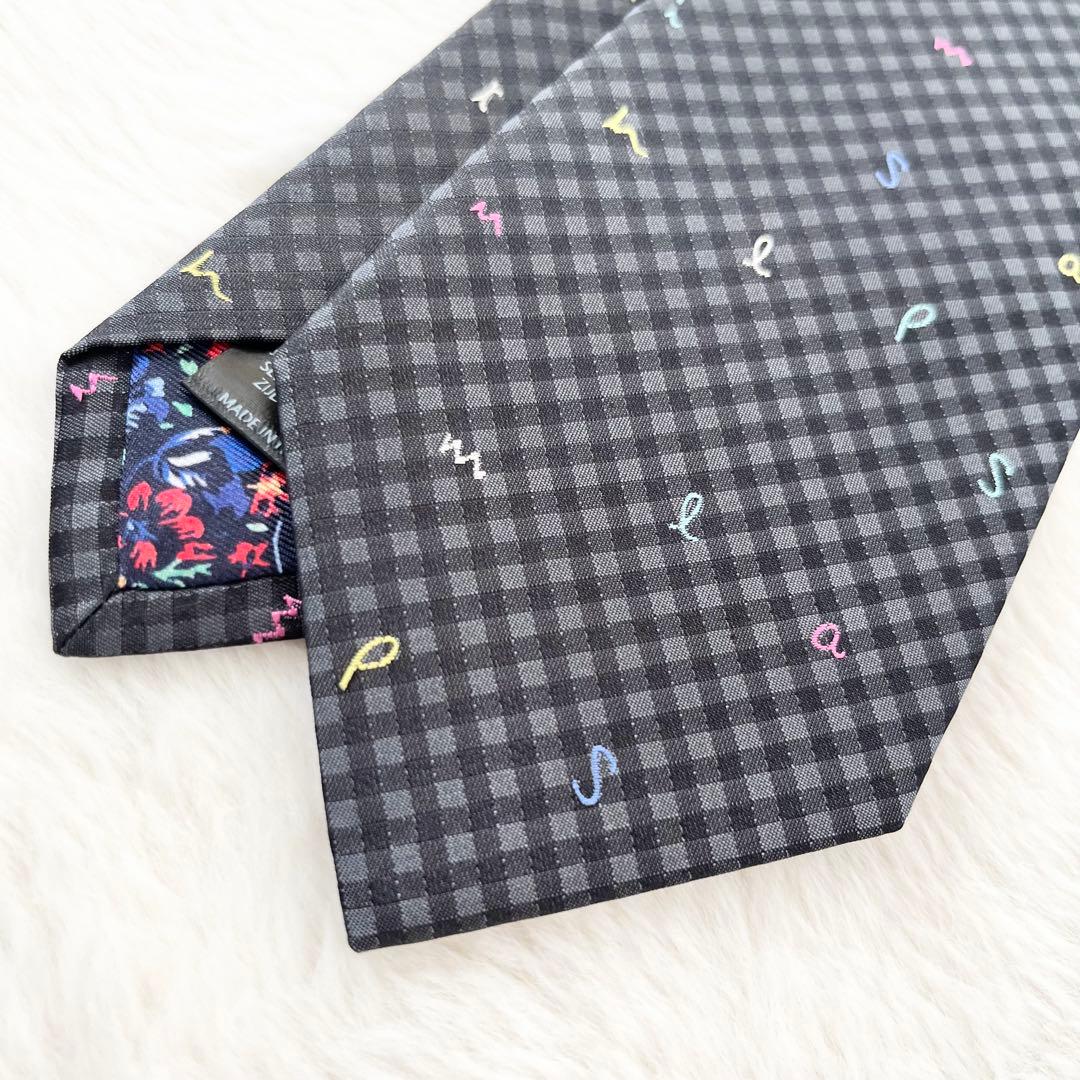 【タグ付き未使用】ポールスミス ネクタイ チェック ロゴ グレー
