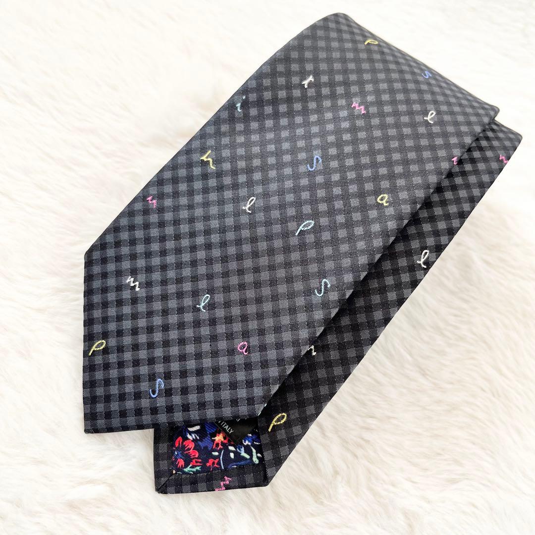 【タグ付き未使用】ポールスミス ネクタイ チェック ロゴ グレー
