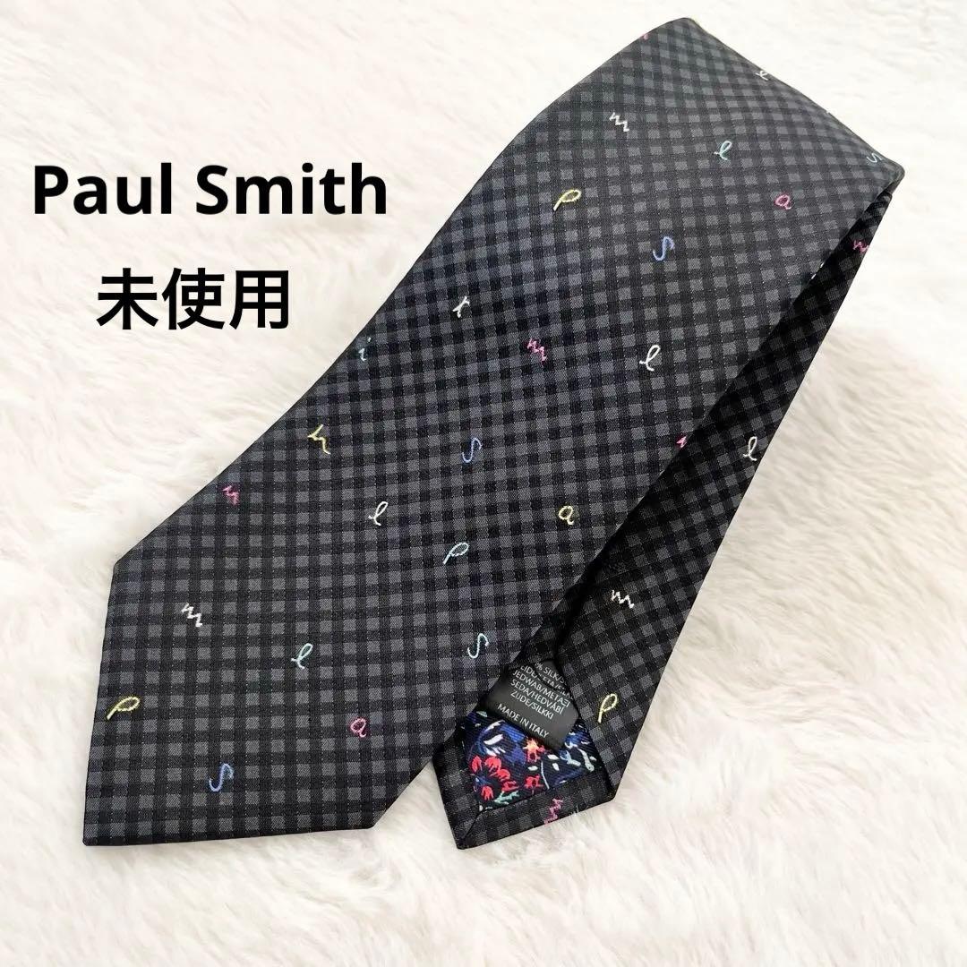 【タグ付き未使用】ポールスミス ネクタイ チェック ロゴ グレー