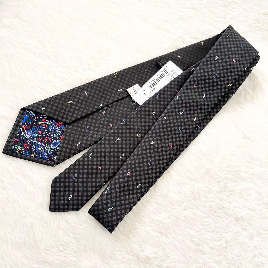 【タグ付き未使用】ポールスミス ネクタイ チェック ロゴ グレー