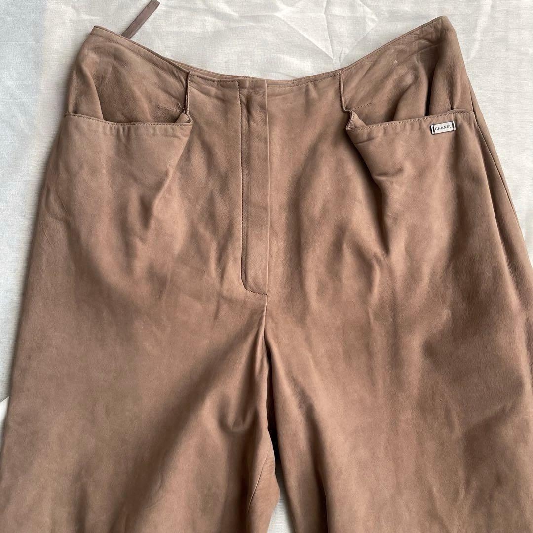 シャネル　ヴィンテージ　ヌバック　パンツ　レザー　カーフスキン