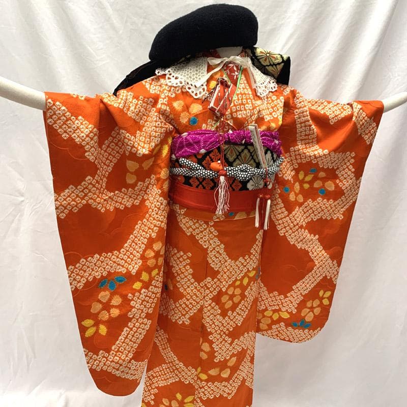 511ag63■七五三 七歳 女児 絞り染 着物&袋帯 オレンジ■状態良好