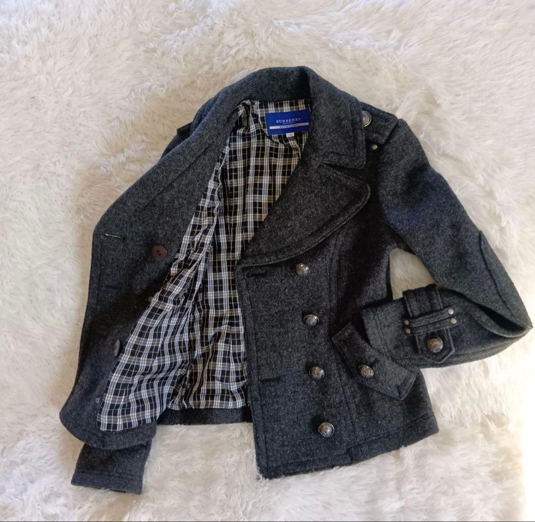 【バーバリー ブルーレーベル】Pコート 銀ボタン ノバチェック ダブル 36