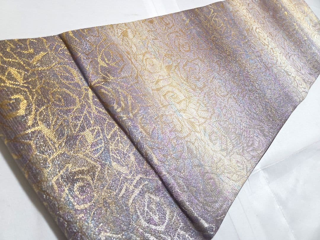 H◆着物くつろぎ 泥染 薔薇の花模様 金通し 全通 正絹 フォーマルな袋帯