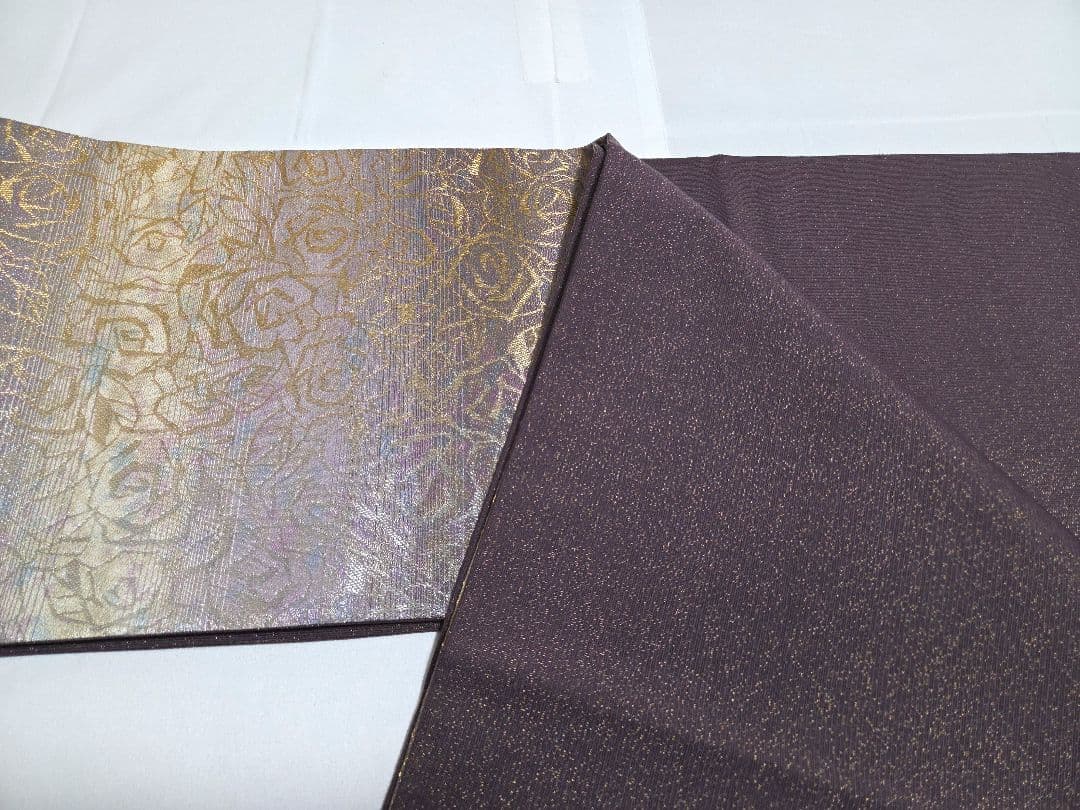 H◆着物くつろぎ 泥染 薔薇の花模様 金通し 全通 正絹 フォーマルな袋帯