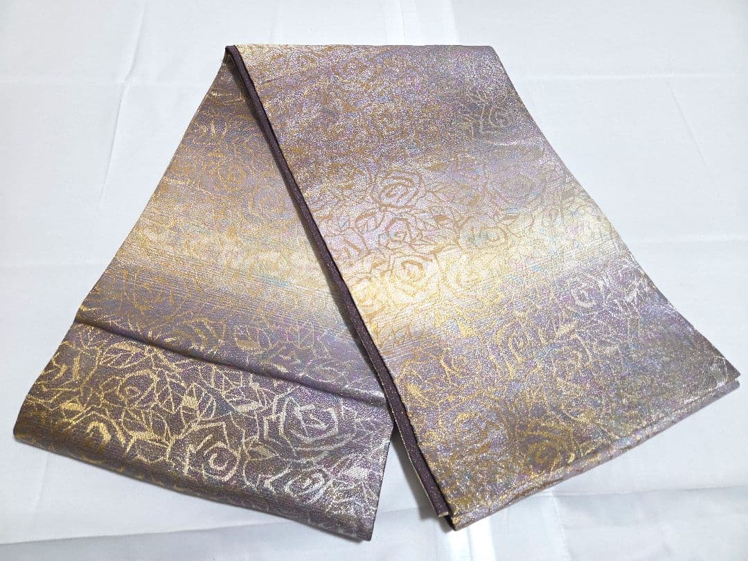 H◆着物くつろぎ 泥染 薔薇の花模様 金通し 全通 正絹 フォーマルな袋帯