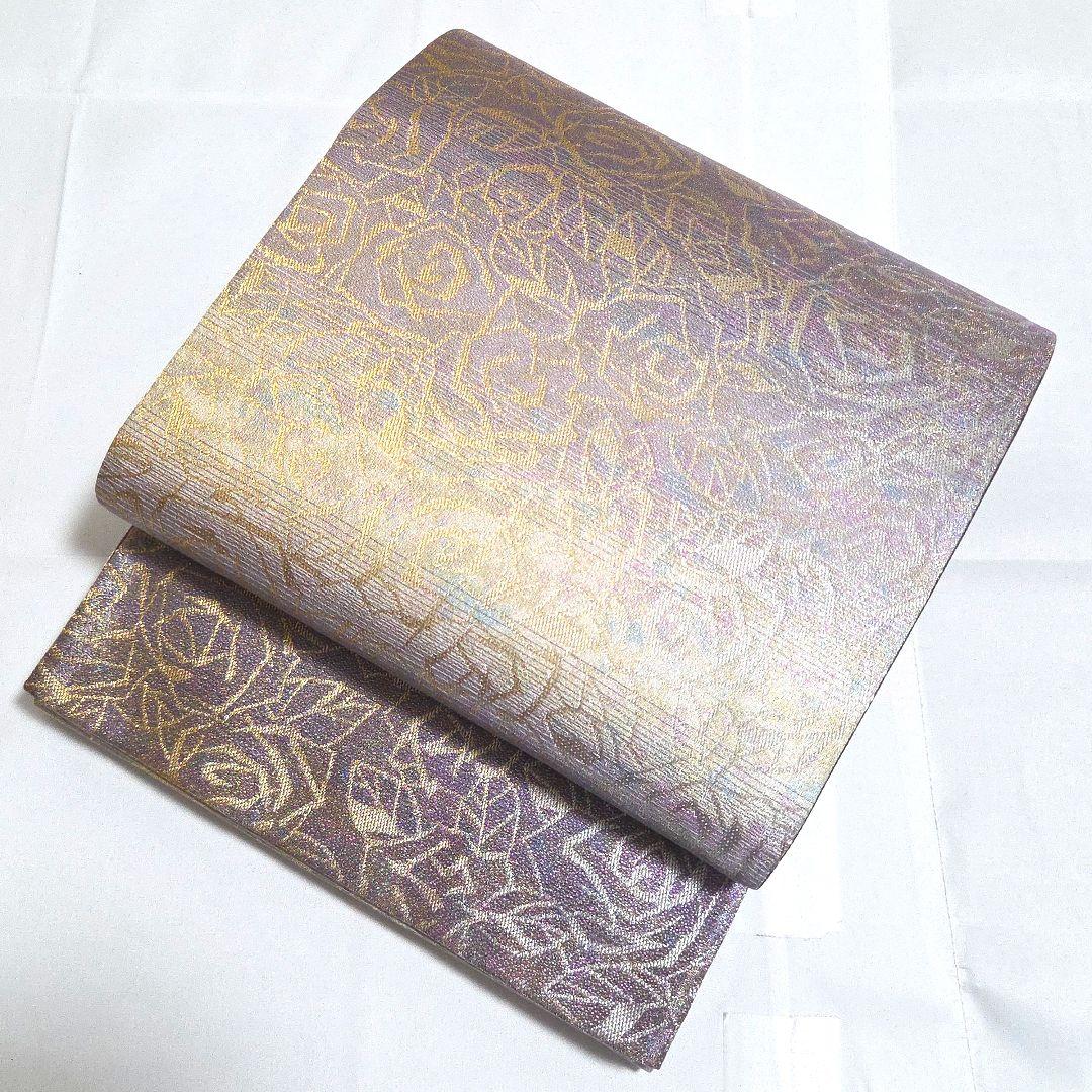 H◆着物くつろぎ 泥染 薔薇の花模様 金通し 全通 正絹 フォーマルな袋帯