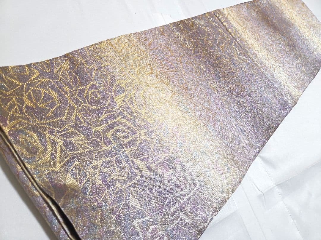 H◆着物くつろぎ 泥染 薔薇の花模様 金通し 全通 正絹 フォーマルな袋帯