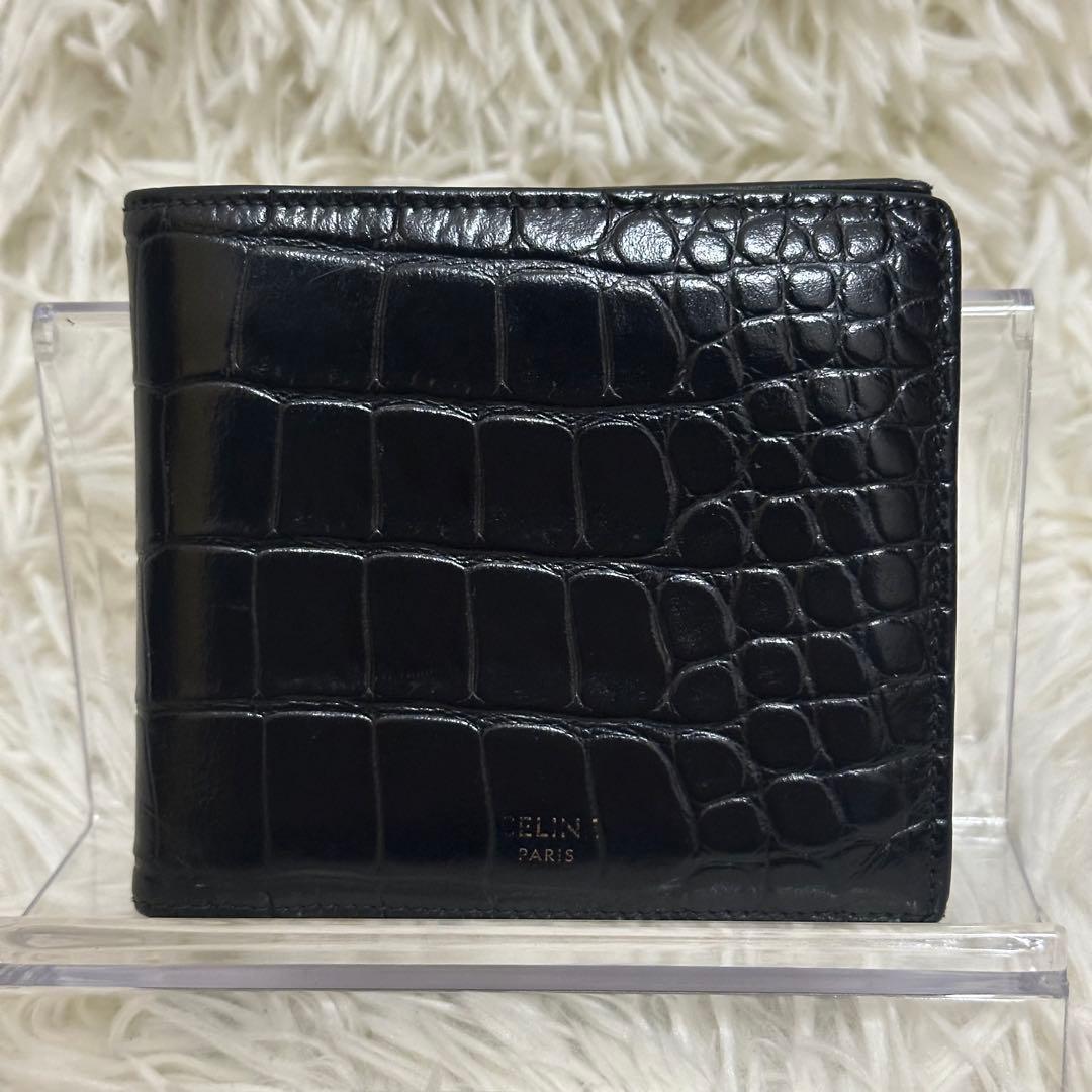 ✨️美品✨️ セリーヌ 二つ折り財布 クロコ 型押し レザー コンパクト 黒