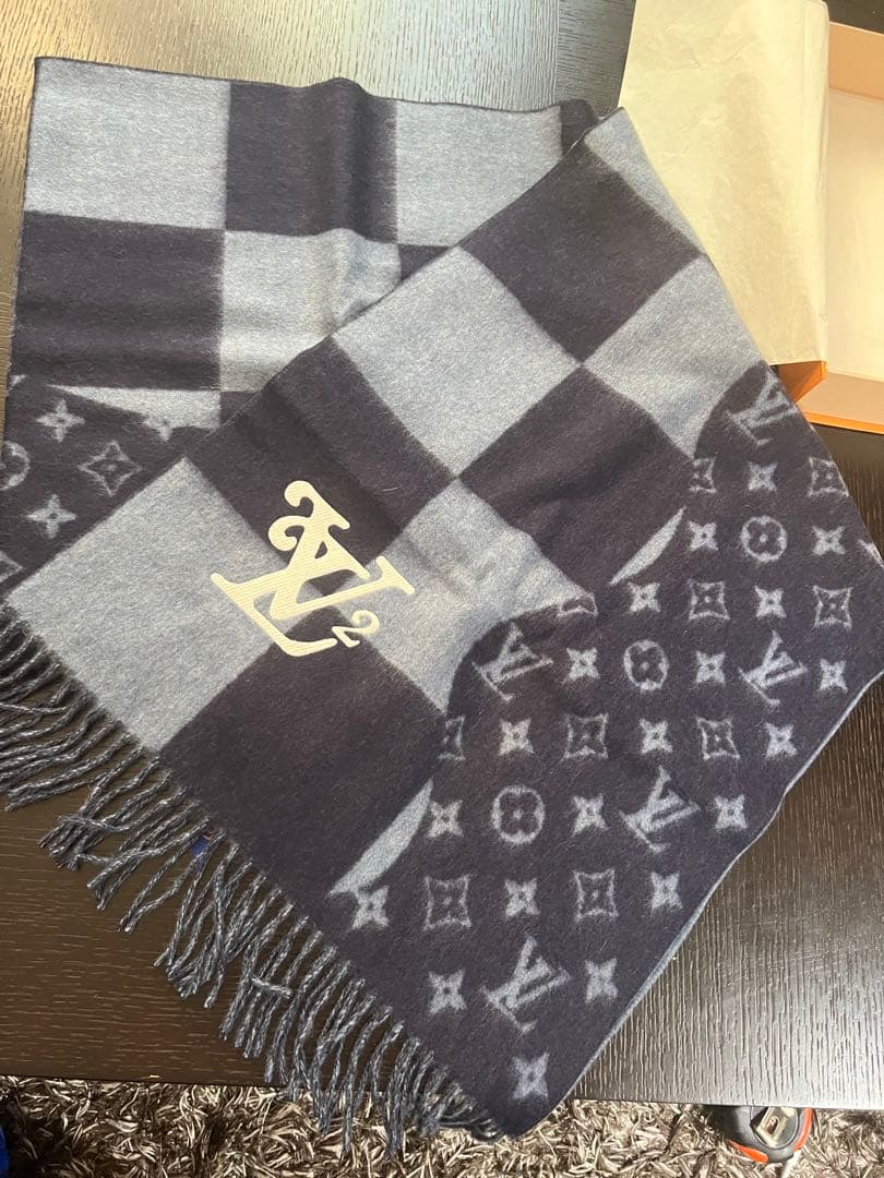 Louis Vuitton チェック柄マフラー ネイビー/グレー
