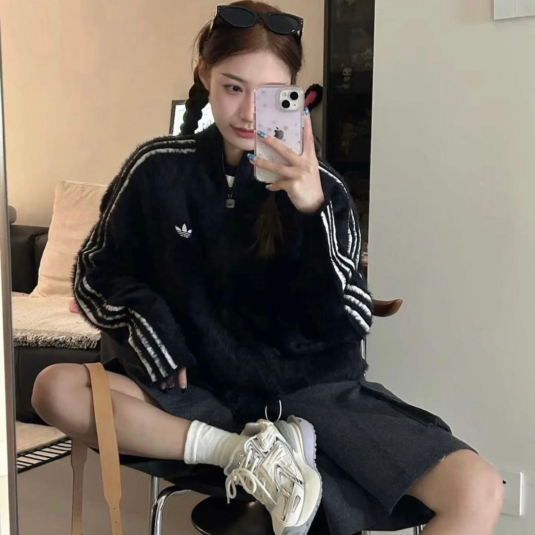 希少XS⭐️adidas フェイクモヘヤ クラシック トラックトップ 黒 ぴょな
