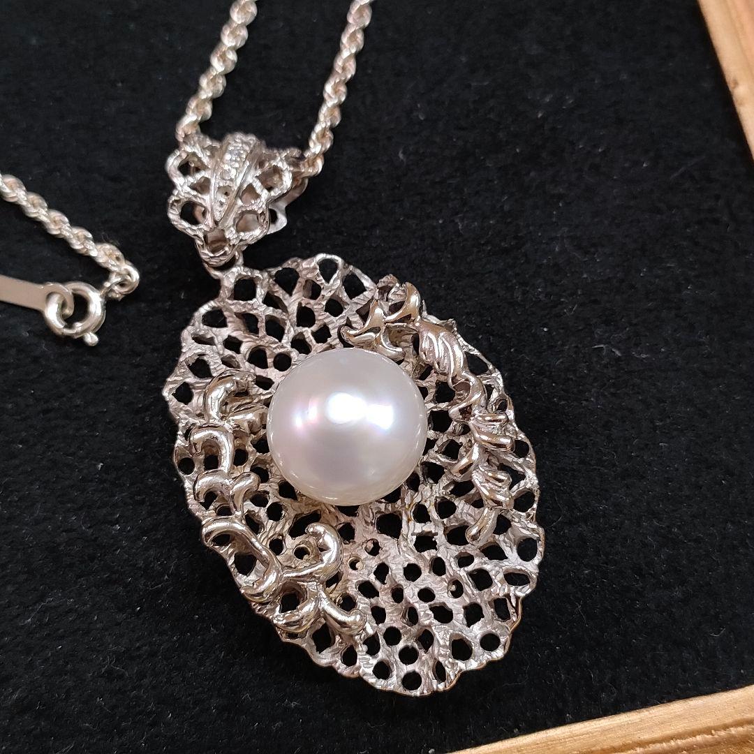 2AH93　真珠　925刻印　ダイヤモンド　ネックレス　シルバー