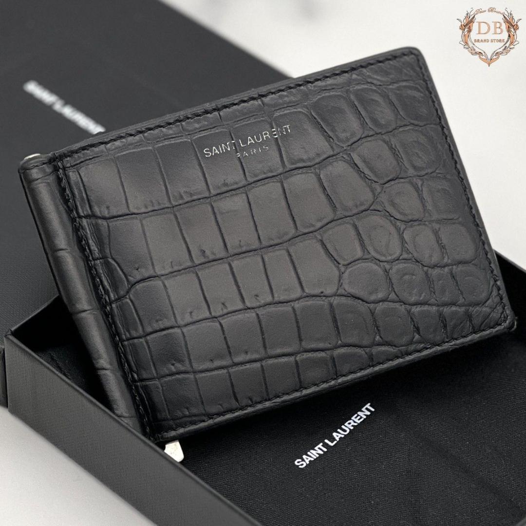 箱袋付♪ イヴサンローラン マネークリップ クロコ押し ブラック ビジネス 黒