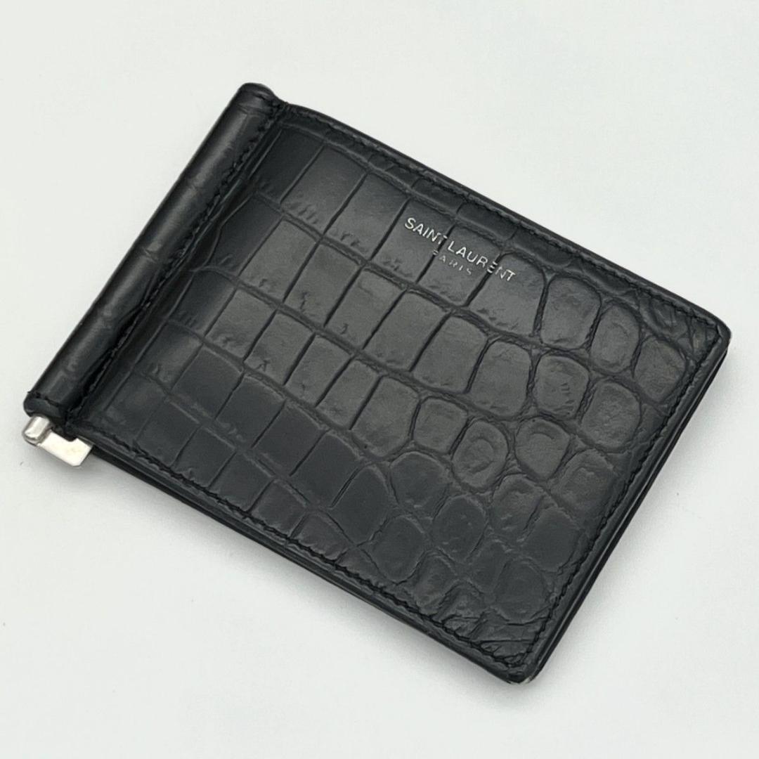 箱袋付♪ イヴサンローラン マネークリップ クロコ押し ブラック ビジネス 黒