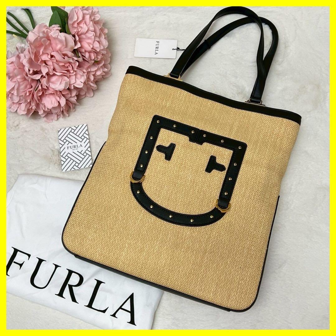 新品未使用　FURLA ベージュ ブラック トートバッグ　ストロー