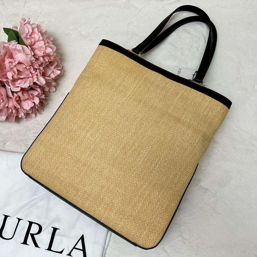 新品未使用　FURLA ベージュ ブラック トートバッグ　ストロー