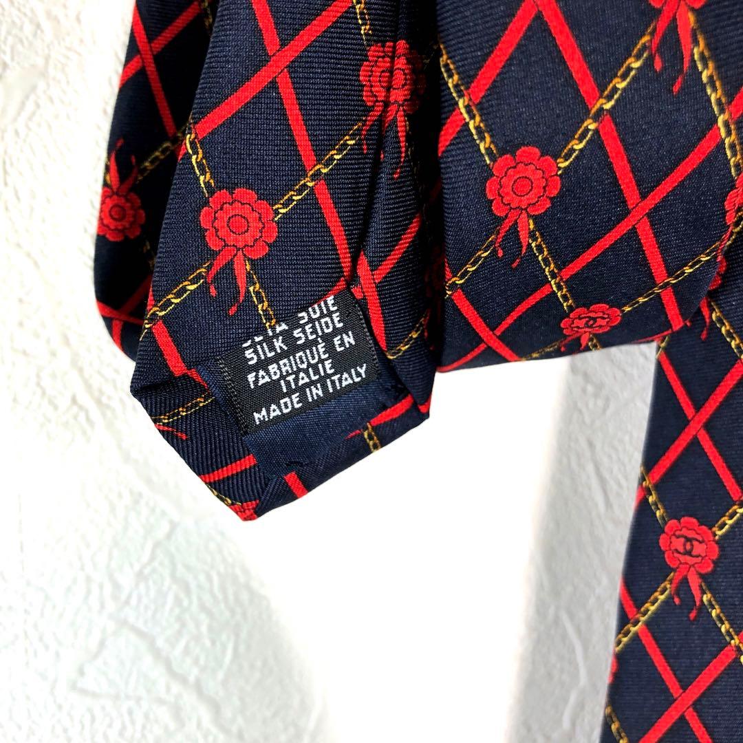 CHANEL シャネル ネクタイ ココマーク ロゴ 金チェーン 赤 黒 リボン