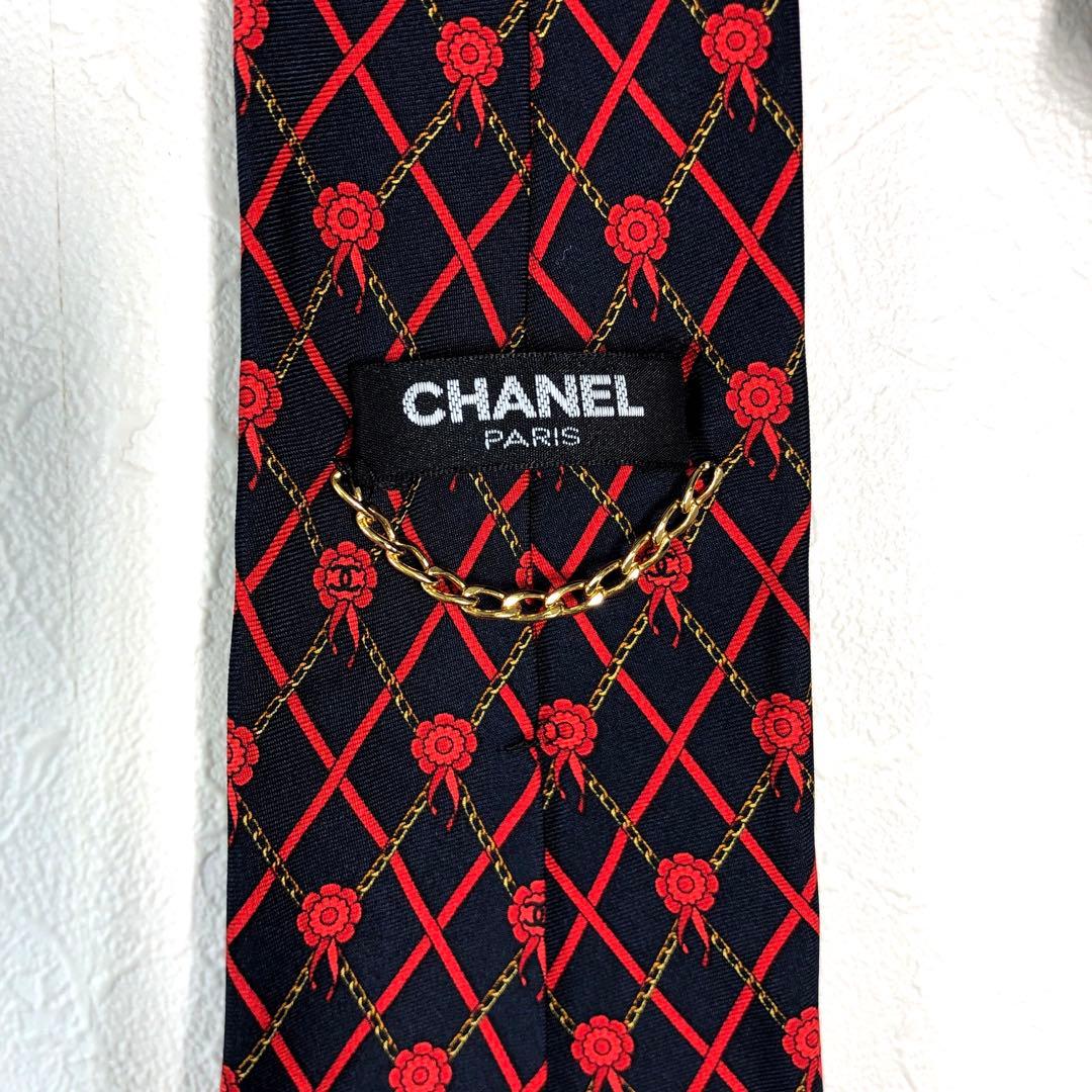 CHANEL シャネル ネクタイ ココマーク ロゴ 金チェーン 赤 黒 リボン
