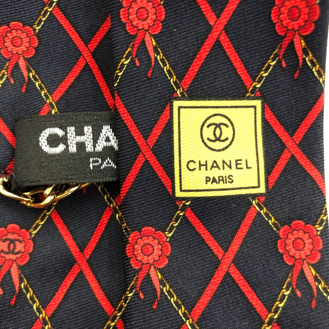 CHANEL シャネル ネクタイ ココマーク ロゴ 金チェーン 赤 黒 リボン