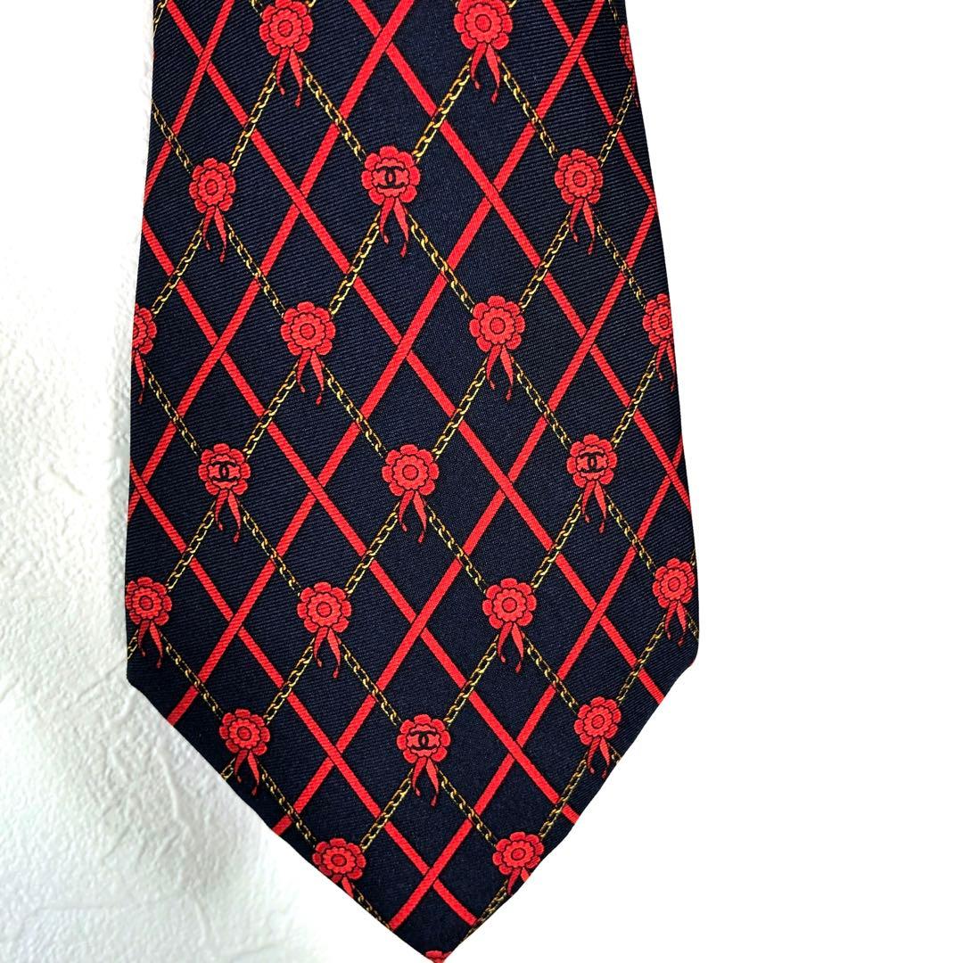 CHANEL シャネル ネクタイ ココマーク ロゴ 金チェーン 赤 黒 リボン