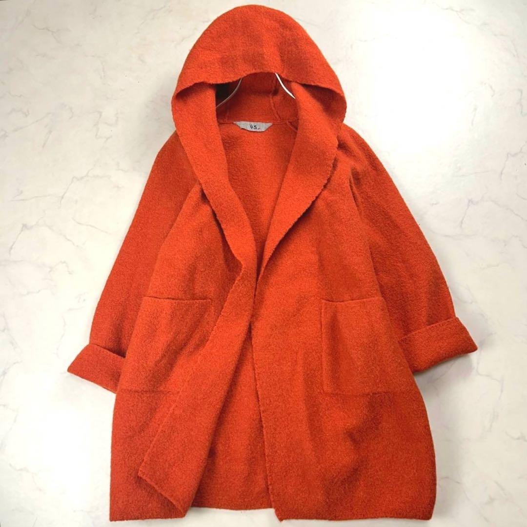 45R ウール縮絨フードコート ガウンコート オレンジ 軽量 ゆったり Lサイズ