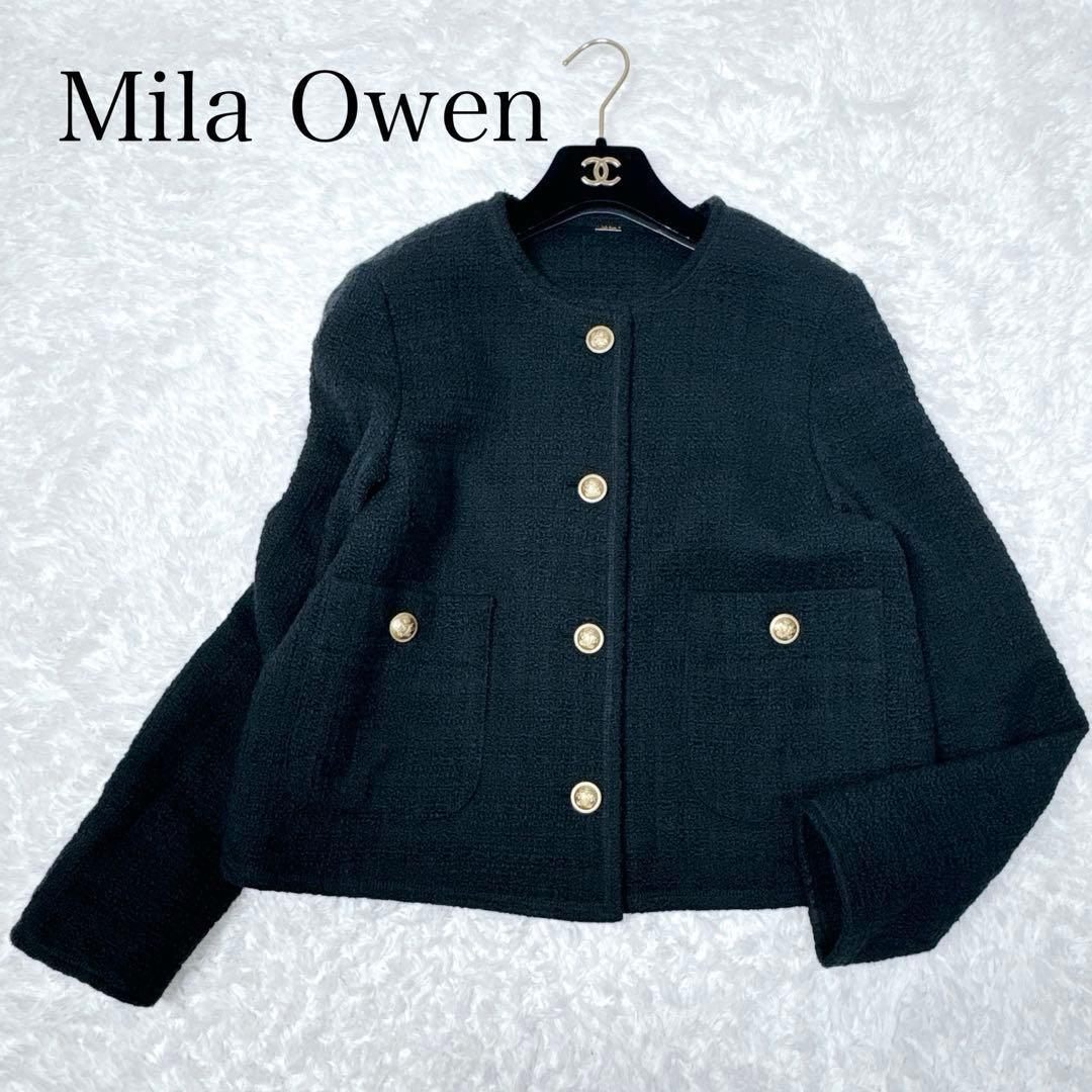 【美品】ミラオーウェン ツイードジャケット オーバーシルエットブラック 金ボタン