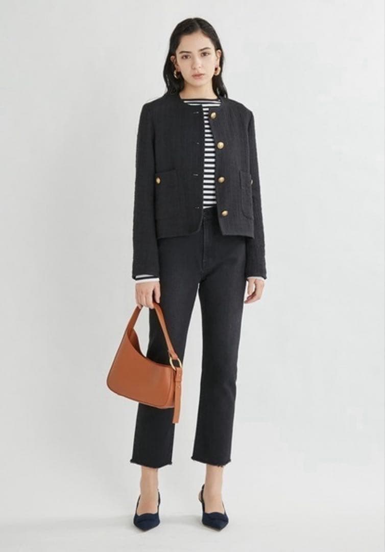 【美品】ミラオーウェン ツイードジャケット オーバーシルエットブラック 金ボタン