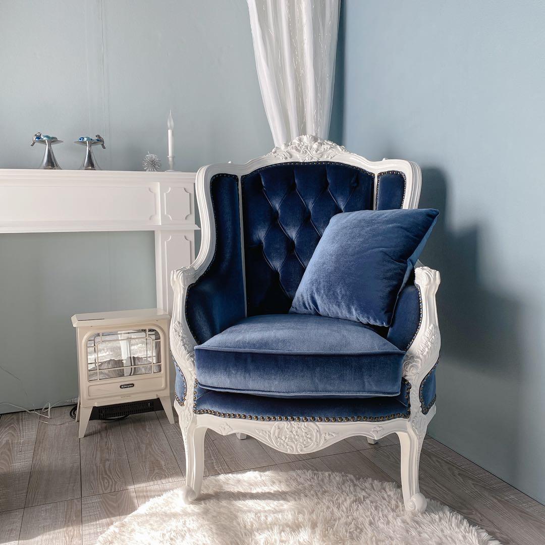 シングルソファ　1人掛けソファ　ブルー　ベルベット