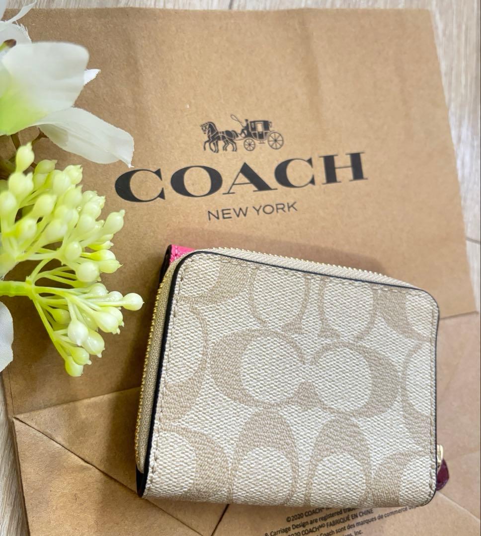 【新品未使用】COACH コーチ 三つ折り財布 ピンク×シグネチャー ベージュ