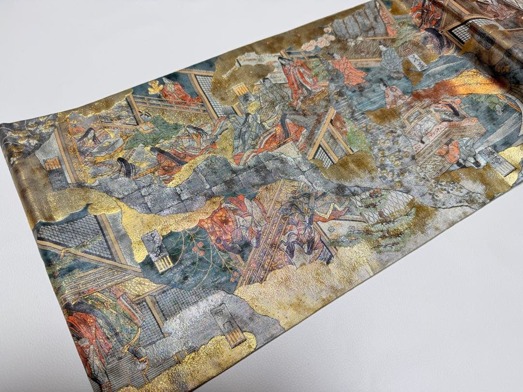 美品 高級 袋帯 正絹 全通柄 リバーシブル 両面 名門西陣 あさぎ フォーマル