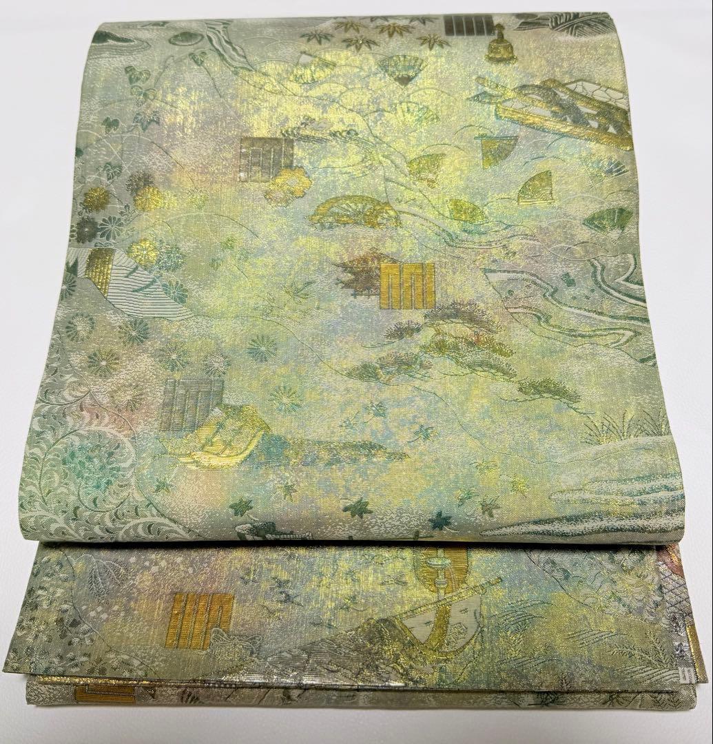 美品 高級 袋帯 正絹 全通柄 リバーシブル 両面 名門西陣 あさぎ フォーマル