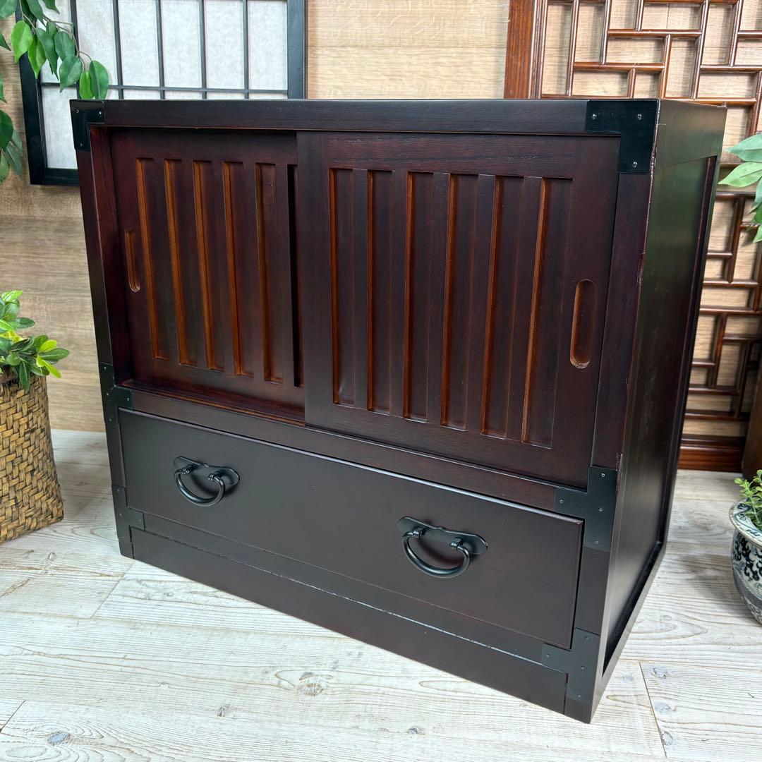 民芸家具和箪笥2点セット（三段四つ引き＋引き戸チェスト）木製桐材無垢和室和風総桐