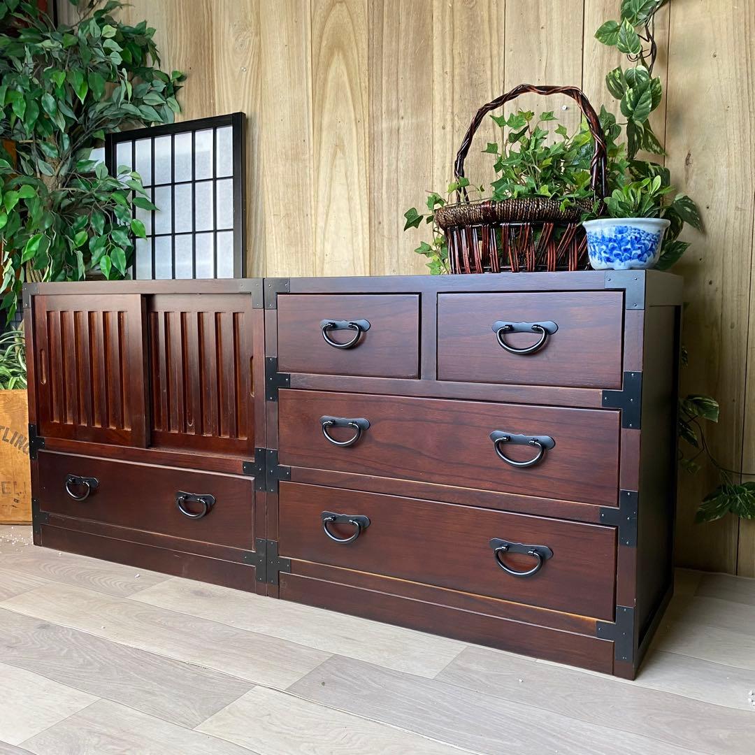 民芸家具和箪笥2点セット（三段四つ引き＋引き戸チェスト）木製桐材無垢和室和風総桐