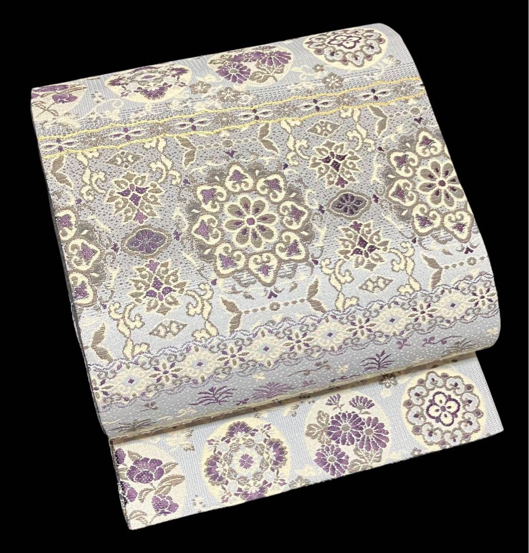 リバーシブル 袋帯 六通柄 正絹 欧風華文 縦縞 月 未使用 イ6179