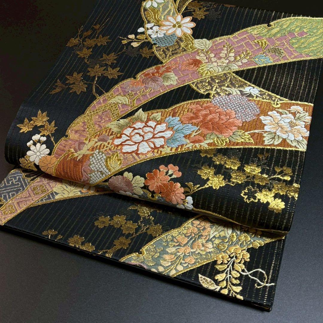 ［6157］袋帯 美品 寛文繍箔 露芝花 唐織 六通 正絹 着物 フォーマル 黒