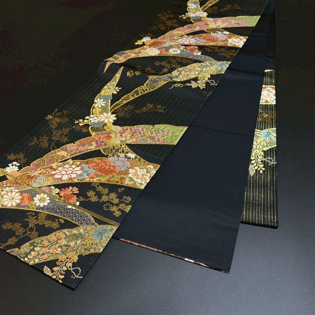 ［6157］袋帯 美品 寛文繍箔 露芝花 唐織 六通 正絹 着物 フォーマル 黒