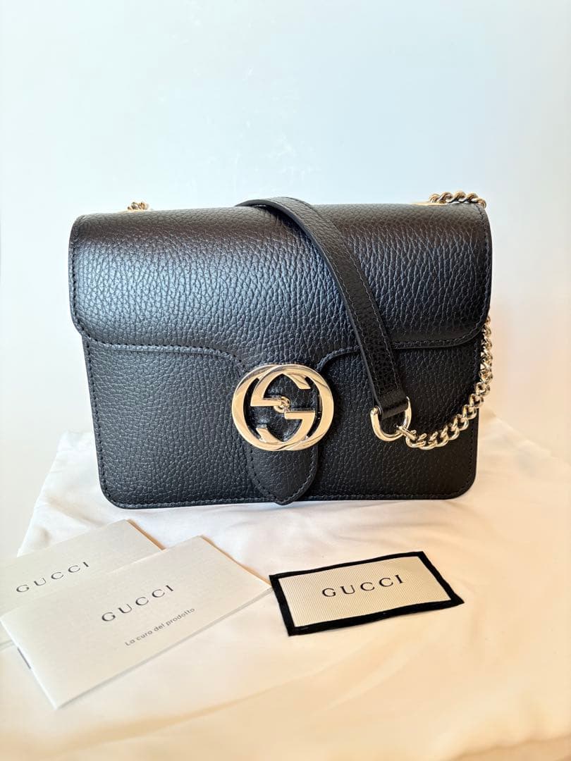 GUCCI インターロッキング　ブラック ショルダーバッグ　グッチ　チェーン