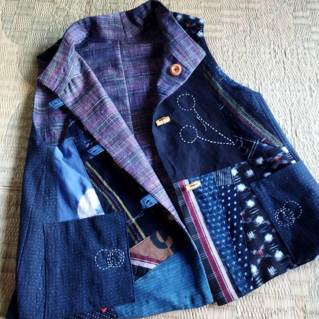 k*i様 古布リメイク　着物リメイク　絣色々　前開きベスト　リバーシブル