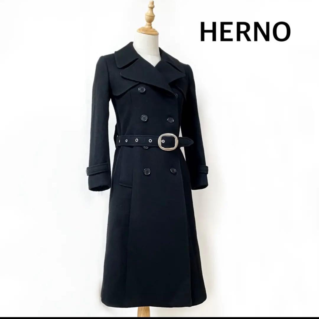 Herno ブラック ロングコート ベルト付き