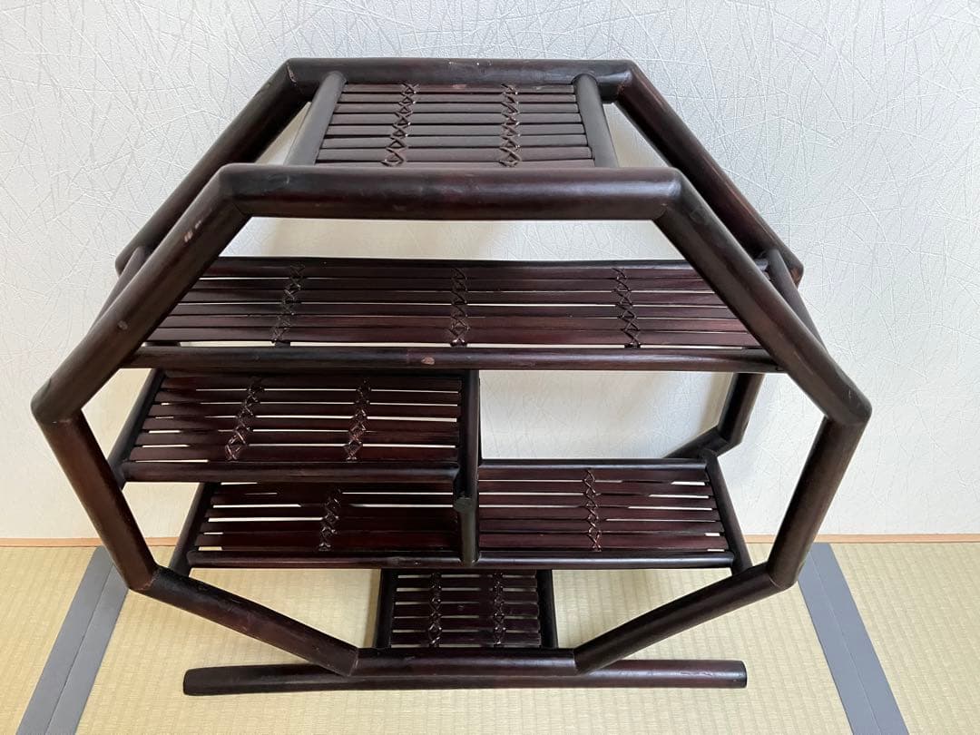 八角型飾り棚、茶器棚、珍品収納、コレクション棚、竹工芸、茶道具、アンティーク