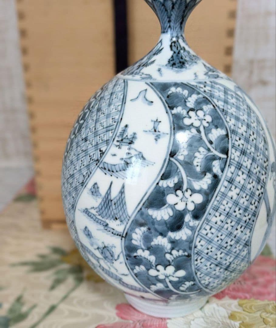 有田焼✿中仙窯✿中尾龍純作✿染付山水✿花瓶✿未使用✿高級✿希少