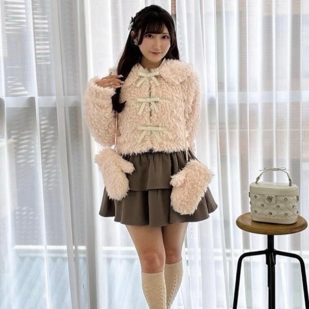 evelyn ミトン付きリボンファーコート ピンク