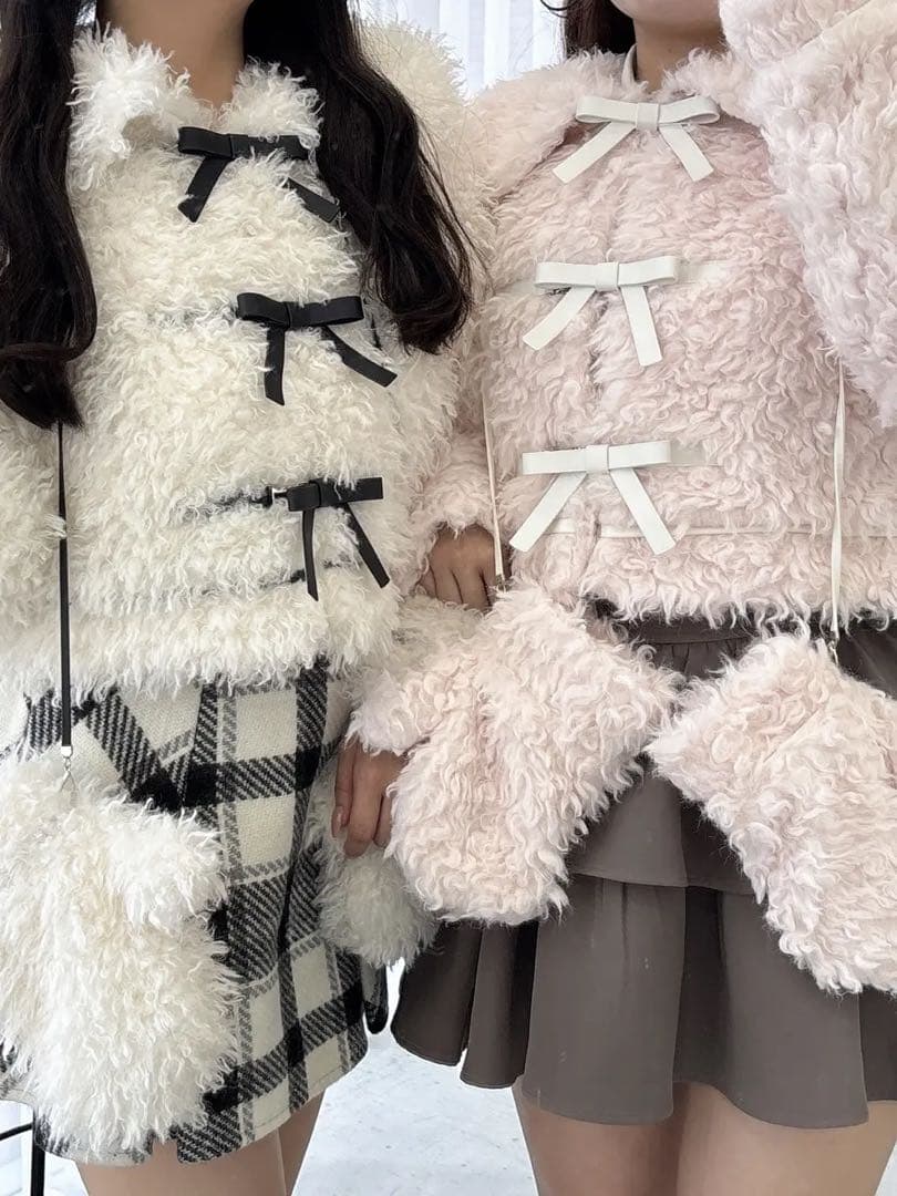 evelyn ミトン付きリボンファーコート ピンク