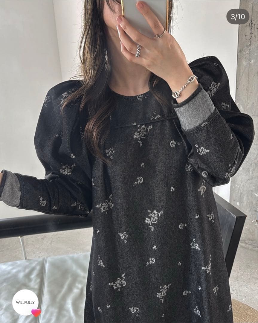 WILFULLY ブラック フラワープリント ロングドレス