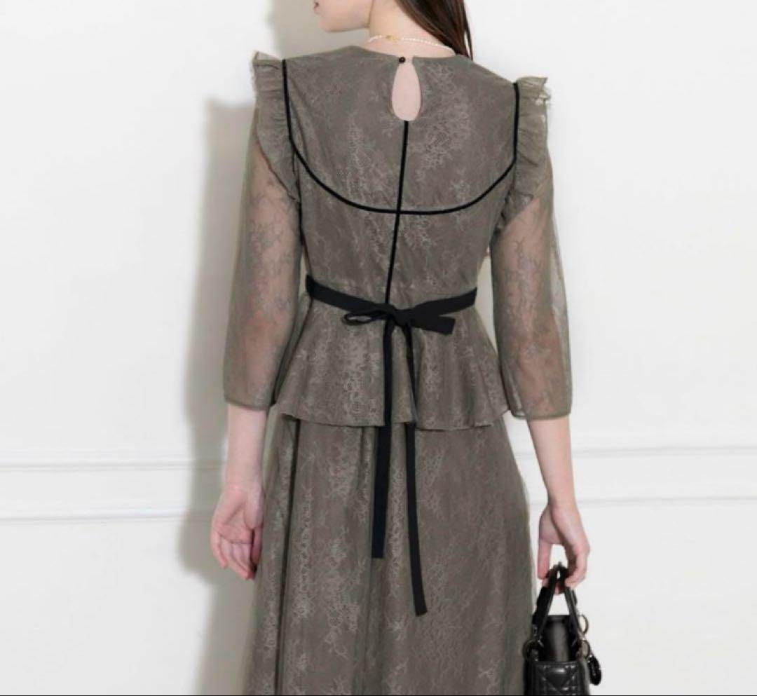 Leja リボン　総レース ドレス フレア グリーン　S ロングワンピース