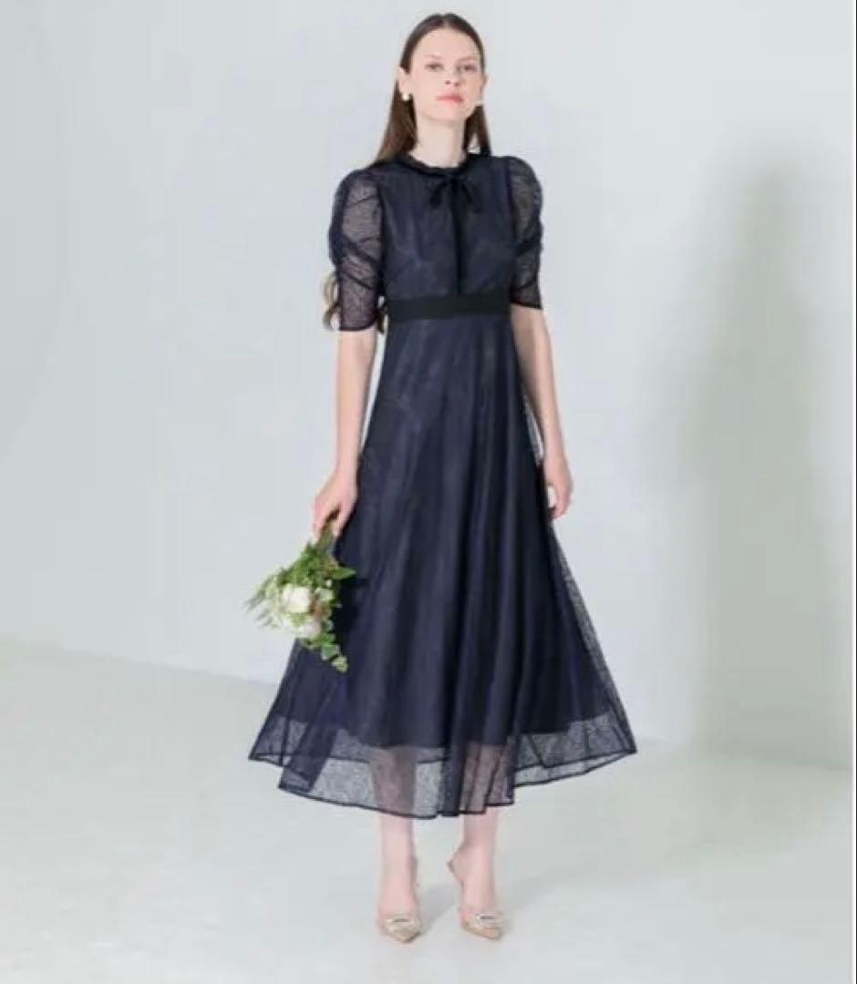 【leja】 ウエストマークパフスリーブ総レースロングドレスワンピース