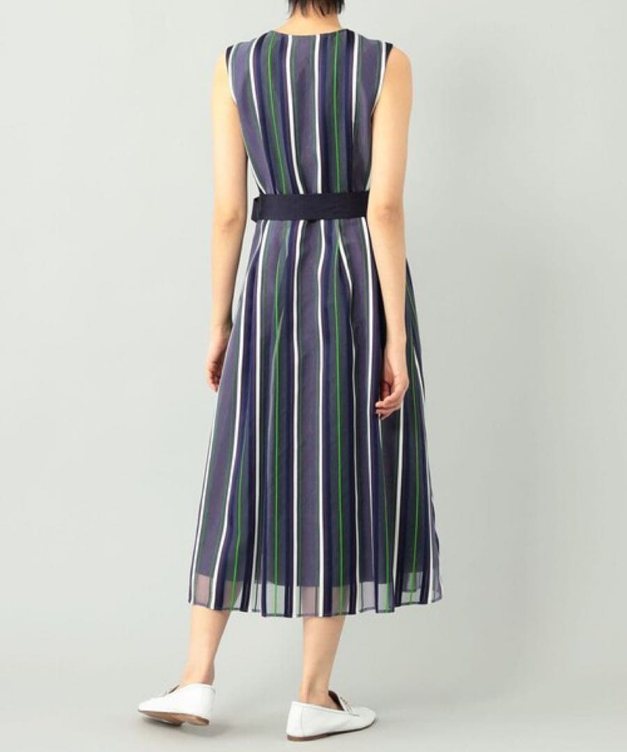 美品　グレースクラス　シアーストライプJQワンピース　ロング　ウエストリボン