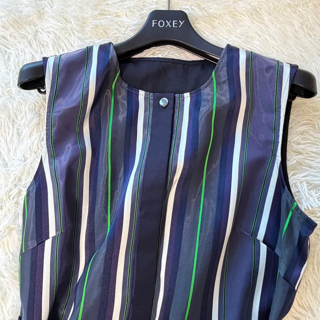 美品　グレースクラス　シアーストライプJQワンピース　ロング　ウエストリボン