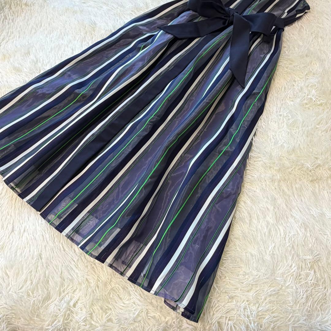 美品　グレースクラス　シアーストライプJQワンピース　ロング　ウエストリボン