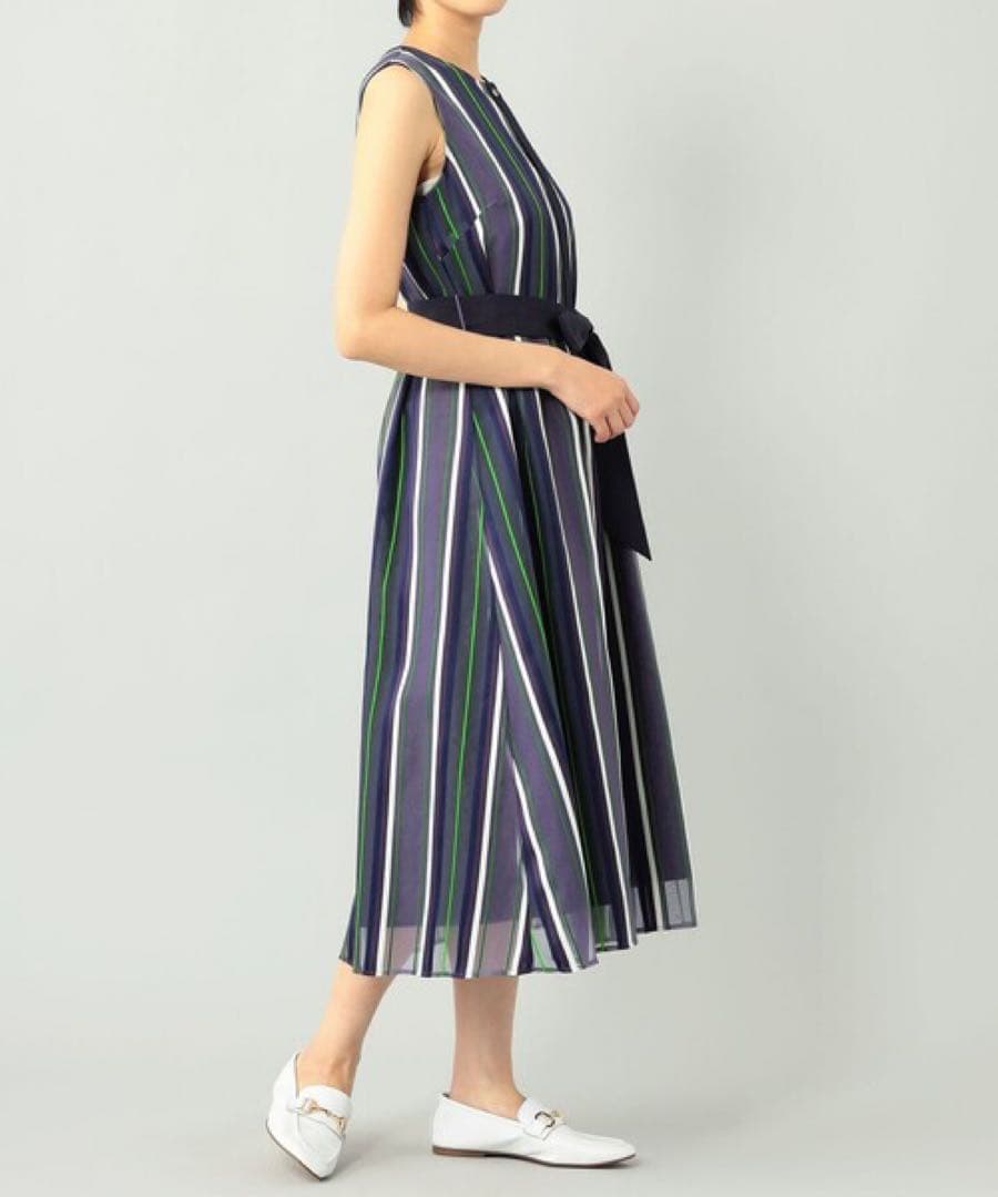 美品　グレースクラス　シアーストライプJQワンピース　ロング　ウエストリボン